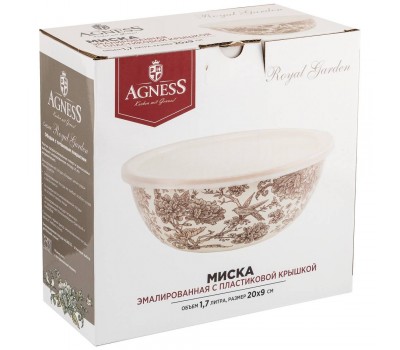 Миска agness эмалированная с пластиковой крышкой, серия royal garden 20 х 9 см / 1,7л