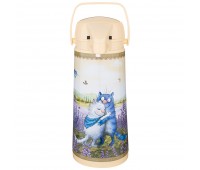 Термос agness «синие коты» со стеклянной колбой и помпой 1.9 л