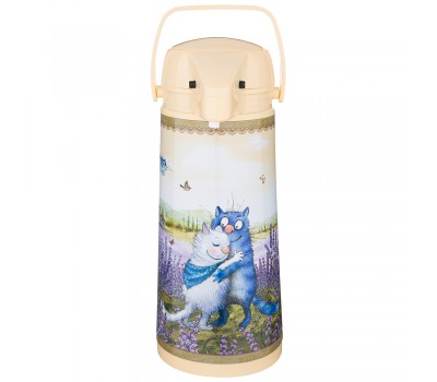 Термос agness «синие коты» со стеклянной колбой и помпой 1.9 л